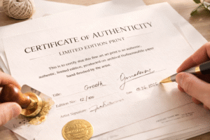Certificate of authenticity for a limited edition fine art print being signed and stamped with edition number and artist signature