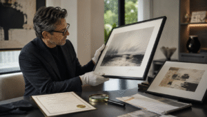 Art collector inspecting a signed limited edition print with certificate of authenticity for a Guide to Limited Edition art collecting.