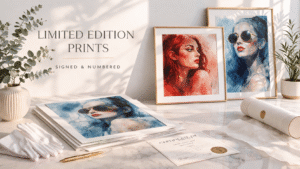 Limited edition fine art prints stacked on a marble table with certificate of authenticity, signed and numbered artworks in a light modern interior