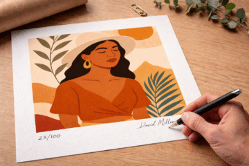 Artist signing and numbering a limited edition fine art print on textured paper