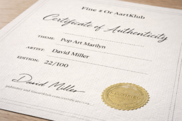 Close up of certificate of authenticity for a certified fine art print on textured high quality paper