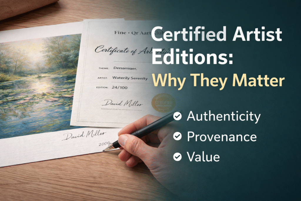Artist signing a certified fine art print next to a certificate of authenticity highlighting provenance and value