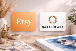 Etsy and Saatchi Art platforms shown as examples of online marketplaces for buying and selling limited edition fine art prints