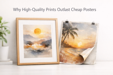 Two framed fine art prints displayed side by side showing high-quality landscape artwork with warm tones - a sunset scene and a palm tree beach landscape in wooden frames, demonstrating the aesthetic appeal and professional presentation of premium art prints