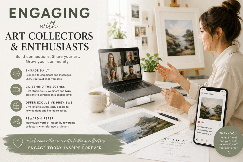 Artist engaging with art collectors and enthusiasts in a bright studio while presenting limited edition prints and online previews for market your Editioned Fine Art Prints.