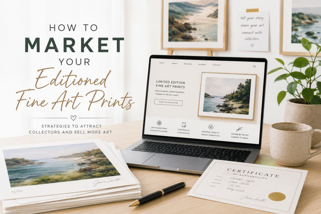 Modern artist workspace showing limited edition prints, certificate of authenticity and online shop for how to market your Editioned Fine Art Prints.
