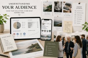Light and modern marketing image for market your Editioned Fine Art Prints, showing how artists can understand your audience through collector insights, social media engagement and art community networking. 