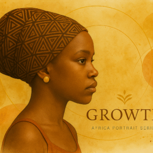 African watercolor portrait artwork of a young girl in profile, titled ‘Growth,’ with earthy colors, gold geometry and fine-art texture