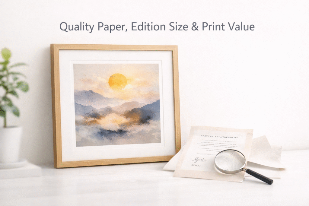 Framed fine art print on museum-quality paper with certificate of authenticity and edition number in a clean modern setting