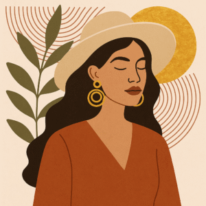 Solstice Sisters – Sunlit Grace BOHO beautiful woman with hat sun and red dress