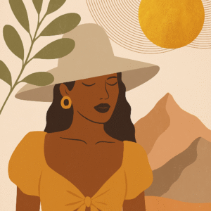 Solstice Sisters – Golden Ascent BOHO beautiful woman with hat sun and yellow dress