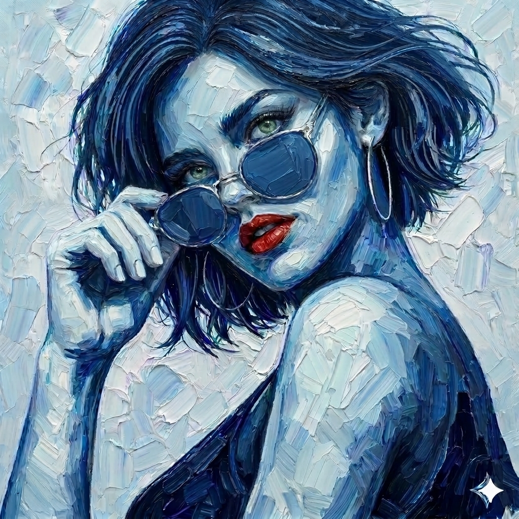 Blue portrait of a confident woman wearing round sunglasses, expressive contemporary painting in cool tones printed on Hahnemühle fine art paper.