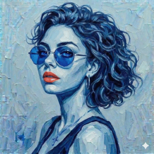 Blue portrait of a woman looking over her shoulder with sunglasses, modern expressive painting in textured cool tones printed as a limited edition fine art print.