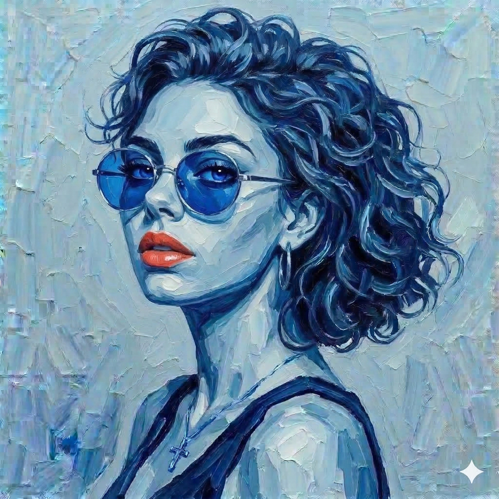 Blue portrait of a woman looking over her shoulder with sunglasses, modern expressive painting in textured cool tones printed as a limited edition fine art print.