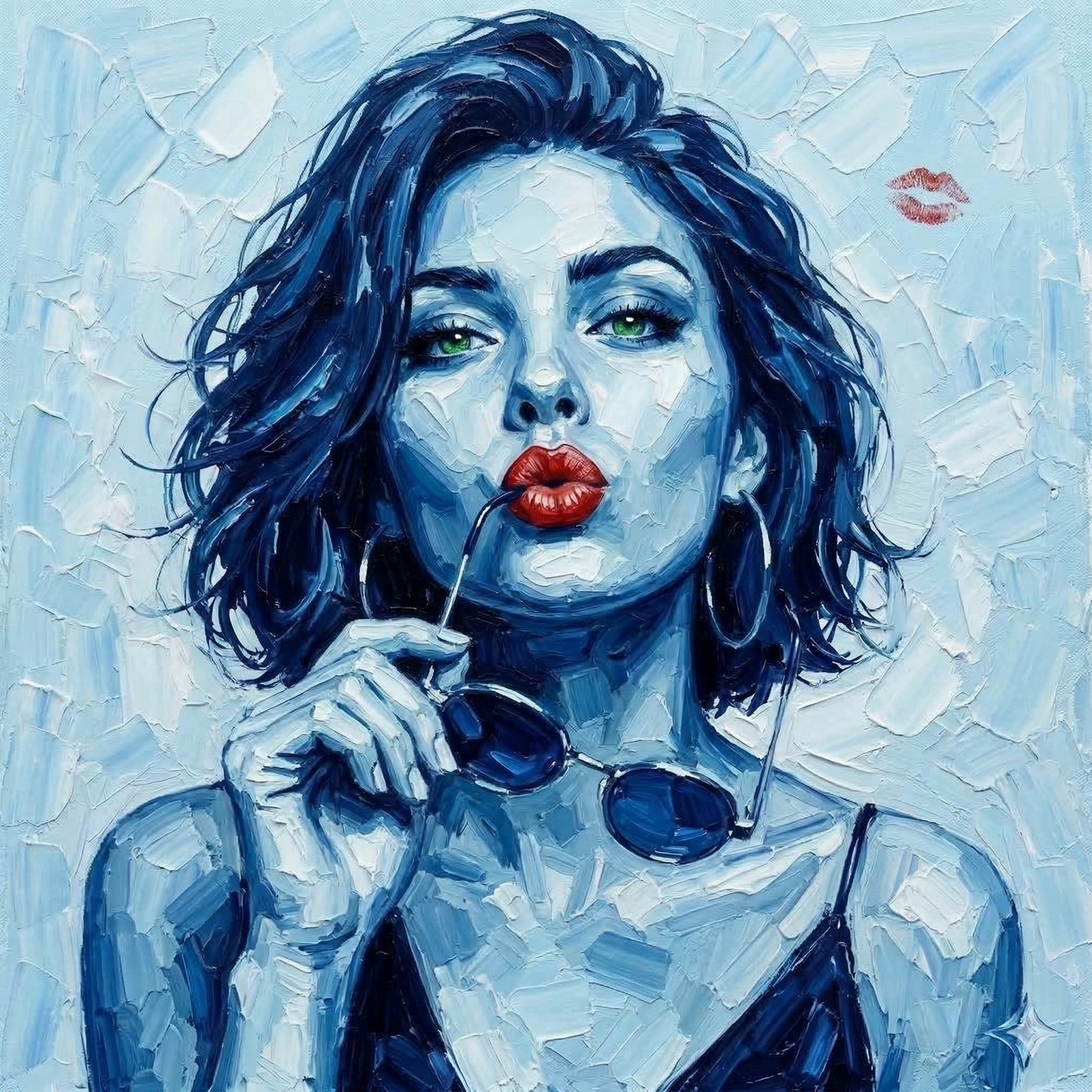 Blue portrait of a woman with bold red lips holding sunglasses, contemporary textured painting printed on Hahnemühle fine art paper.