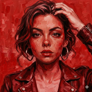 Crimson portrait of a freckled woman with intense gaze, modern expressive painting in red tones printed as a limited edition fine art print.