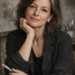 Dia Moreau portrait – contemporary artist and FineArtKlub contributor in studio with paintbrush